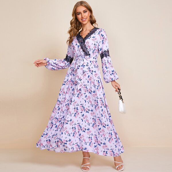 

Eyelash Lace Trim Belted Floral Print Dress, Lilac purple