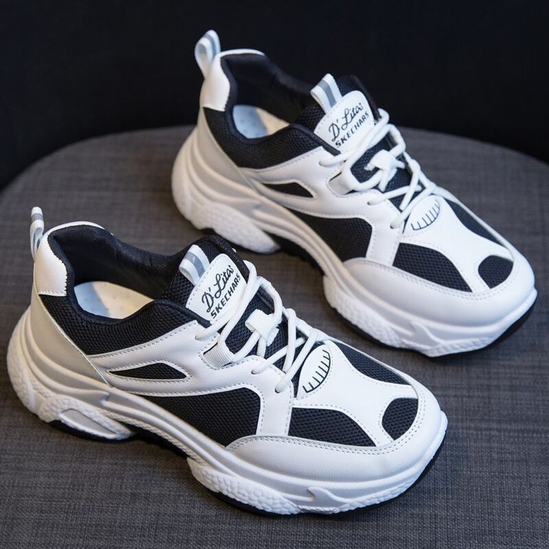 

Colorblock Lace-up Chunky Sneakers, Black and white