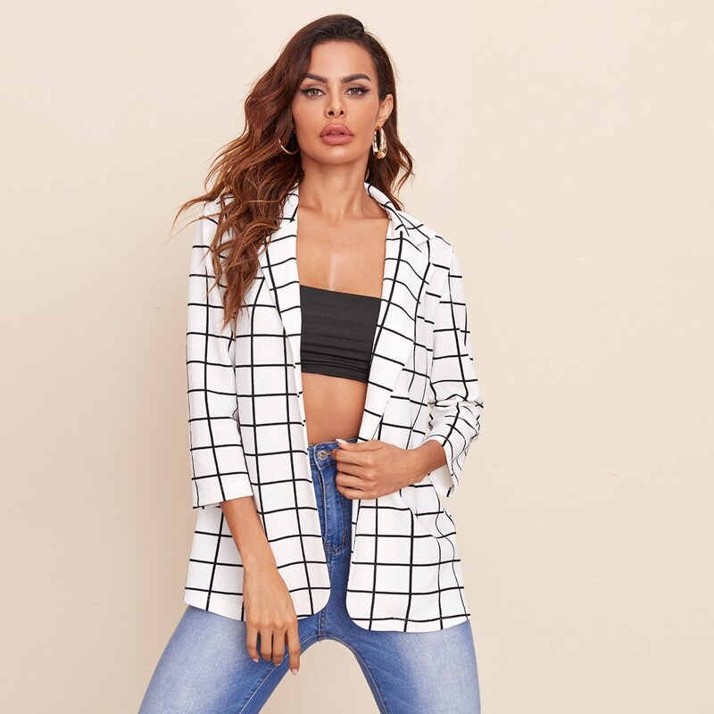 

Open Front Grid Print Blazer, White