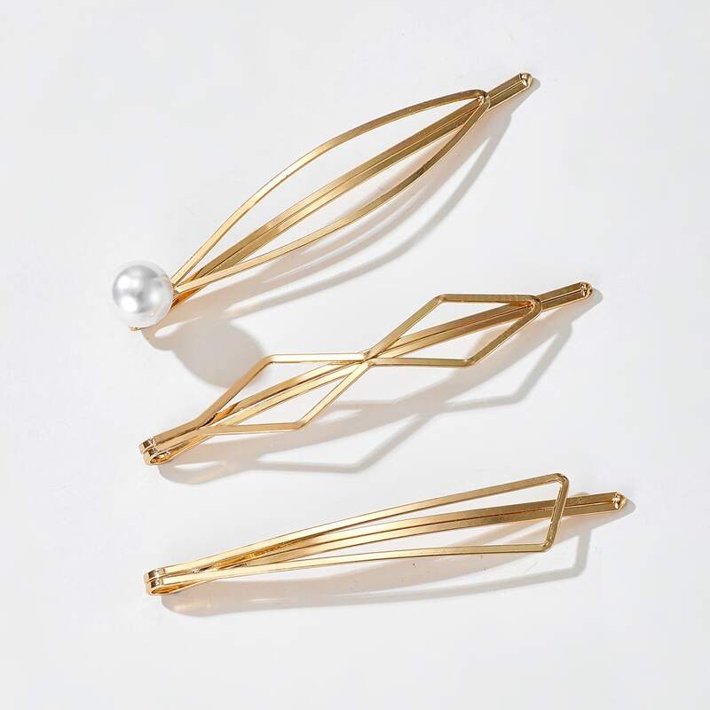 

3pcs Faux Pearl Geo Hair Clip, Gold