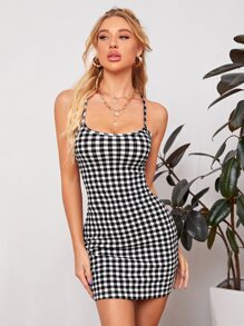 SHEIN Privé 繫帶露背格紋包臀洋裝 - 黑與白 - 查看 2