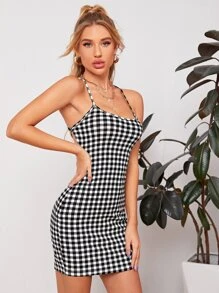 SHEIN Privé 繫帶露背格紋包臀洋裝 - 黑與白 - 查看 4