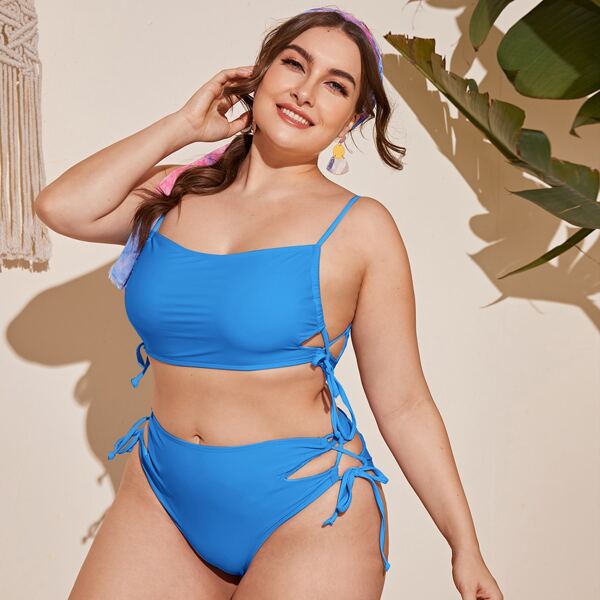 

Plus Tie Side High Waisted Bikini Swimsuit, Blue