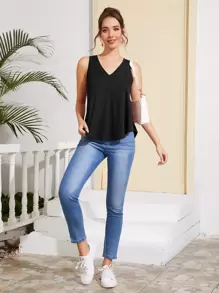 SHEIN Essnce Solid V Neck Tank Top - Black - View 3