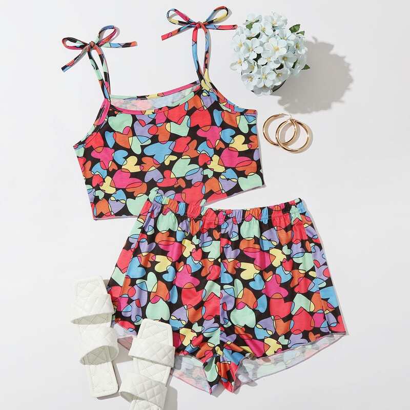 

Allover Heart Tie Strap Cami PJ Set, Multicolor