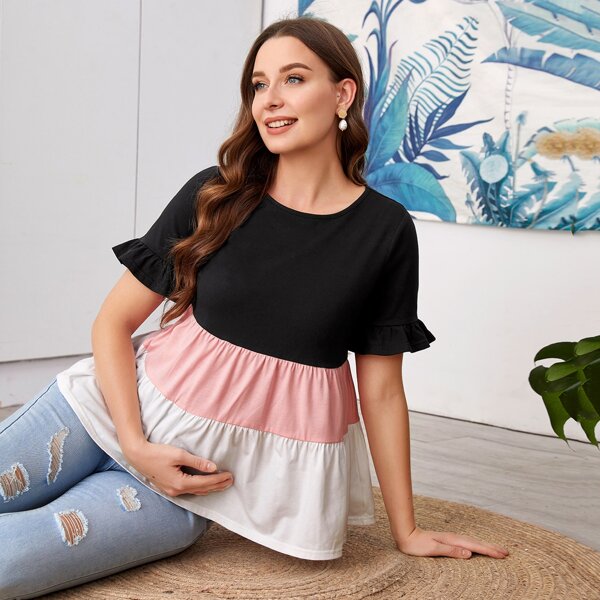 

Maternity Flounce Sleeve Color Block Smock Tee, Multicolor
