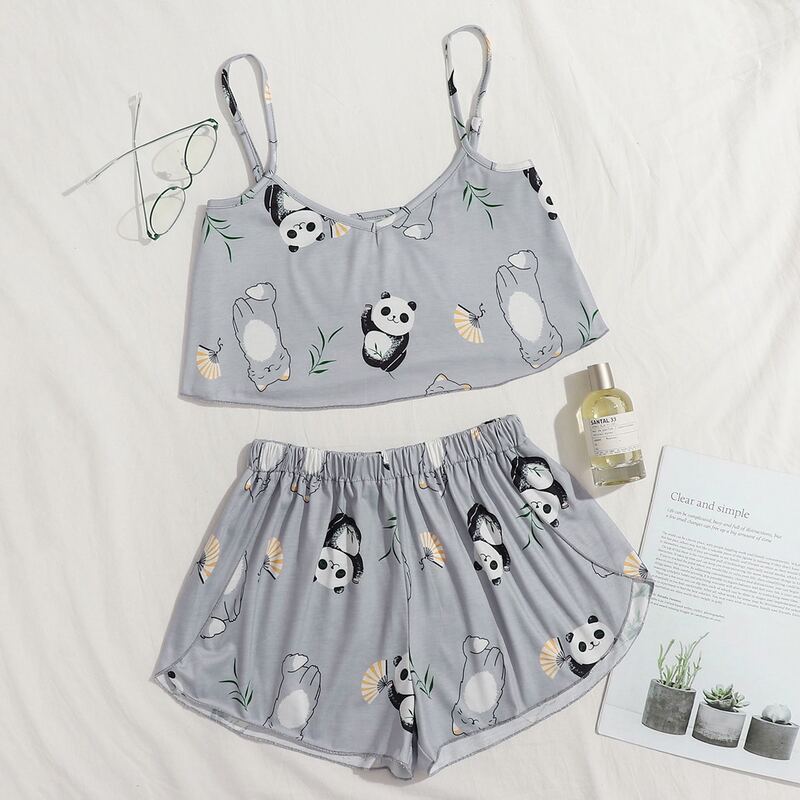 

Panda Crop Cami & Shorts PJ Set, Grey