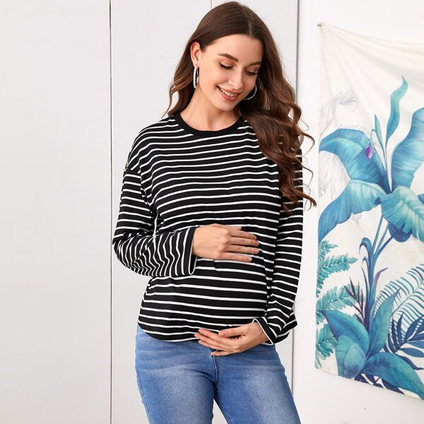 

Maternity Drop Shoulder Striped Tee, Black
