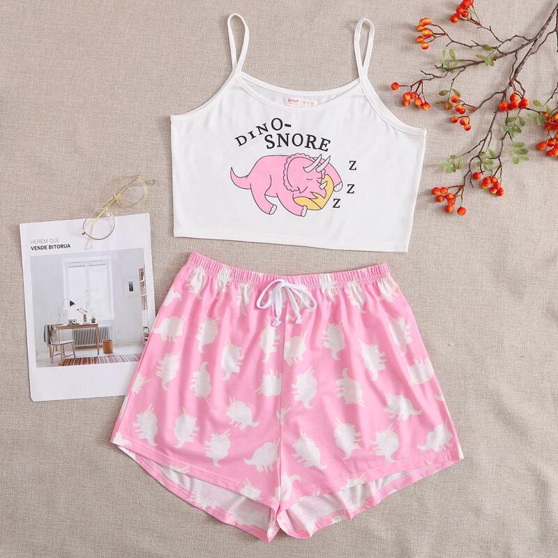 

Dinosaur Print Cami & Shorts PJ Set, Multicolor
