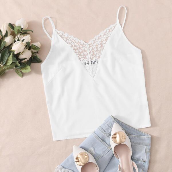 

Embroidered Mesh Yoke Cami Top, White