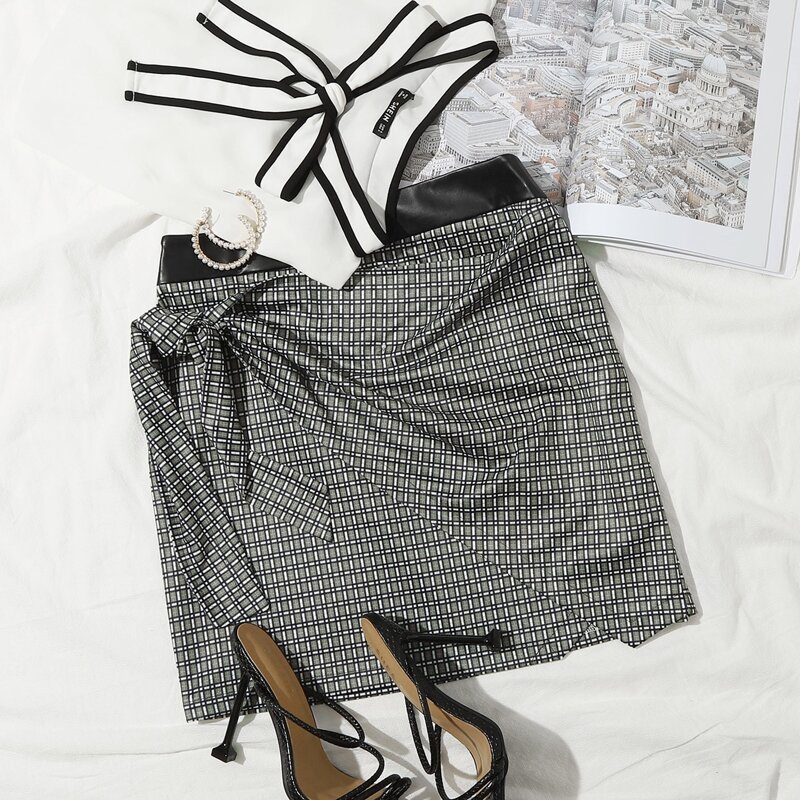 

Wrap Tie Front Plaid Skirt, Grey