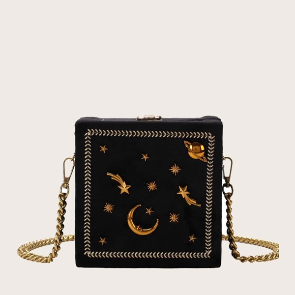 

Mini Star Graphic Chain Box Bag, Black