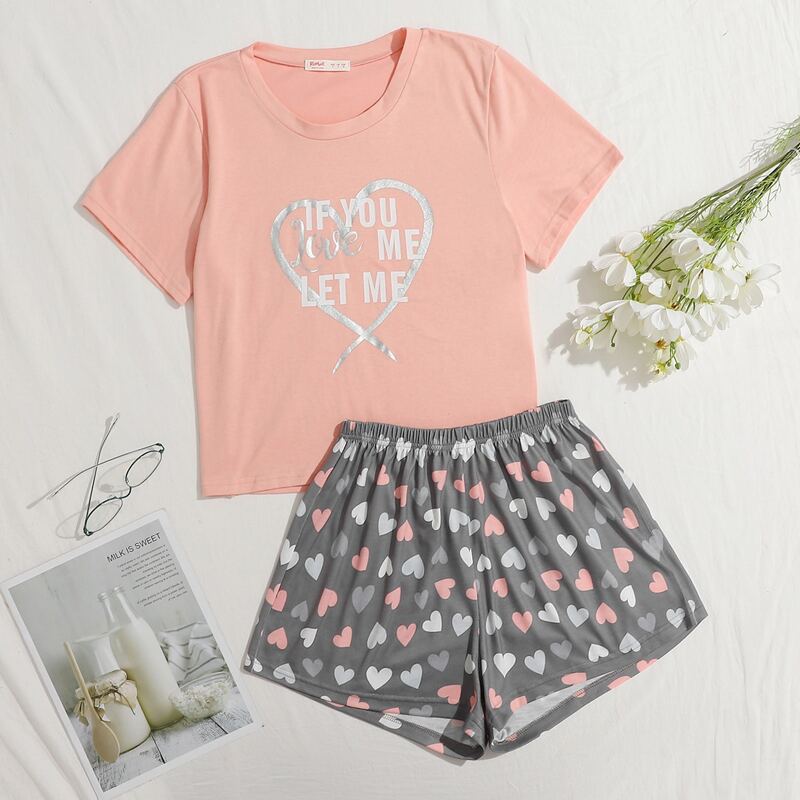 

Slogan & Heart Print Shorts PJ Set, Multicolor