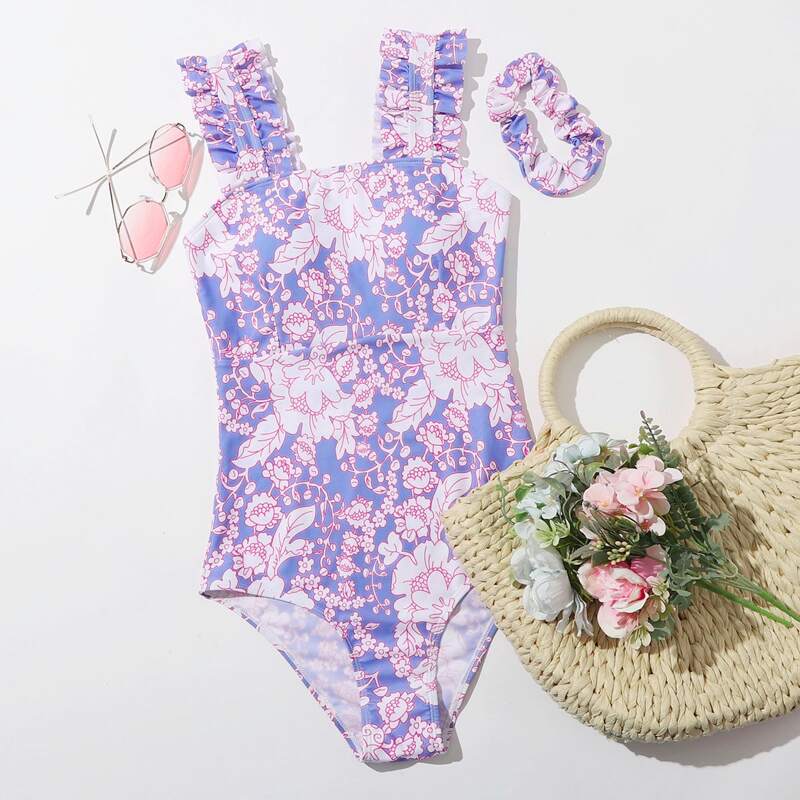 

Floral Frill Strap One Piece Swimsuit & Scrunchie, Multicolor