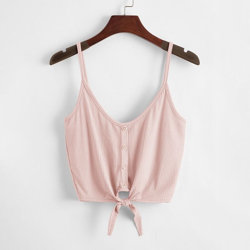 

Button Front Rib Knot Cami Top, Baby pink