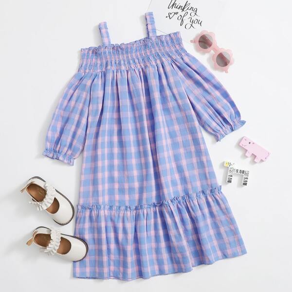 

Girls Cold Shoulder Shirred Plaid Dress, Blue