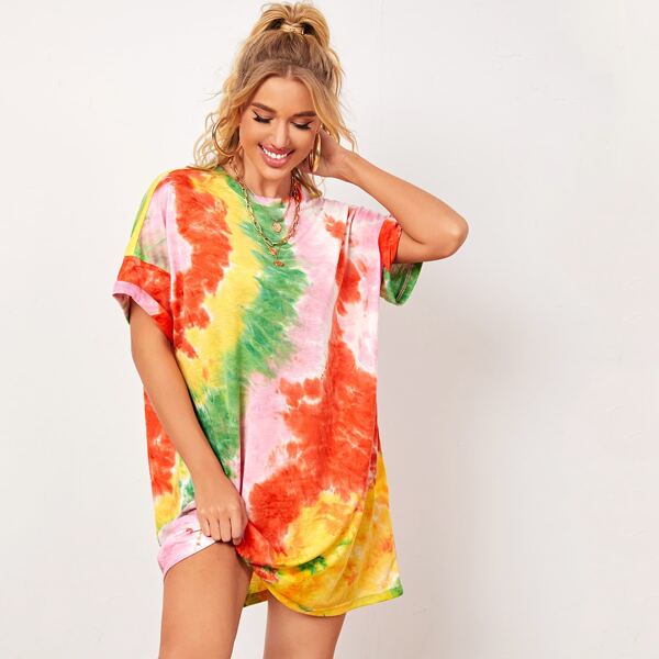

Tie Dye Drop Shoulder Oversized Tee Dress, Multicolor