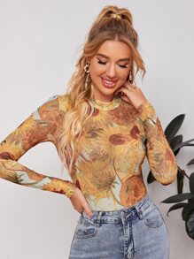 SHEIN Privé Mock-neck Sunflower Mesh Fitted Top - Multicolor - View 1