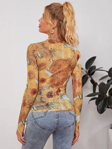 SHEIN Privé Mock-neck Sunflower Mesh Fitted Top - Multicolor - View 2