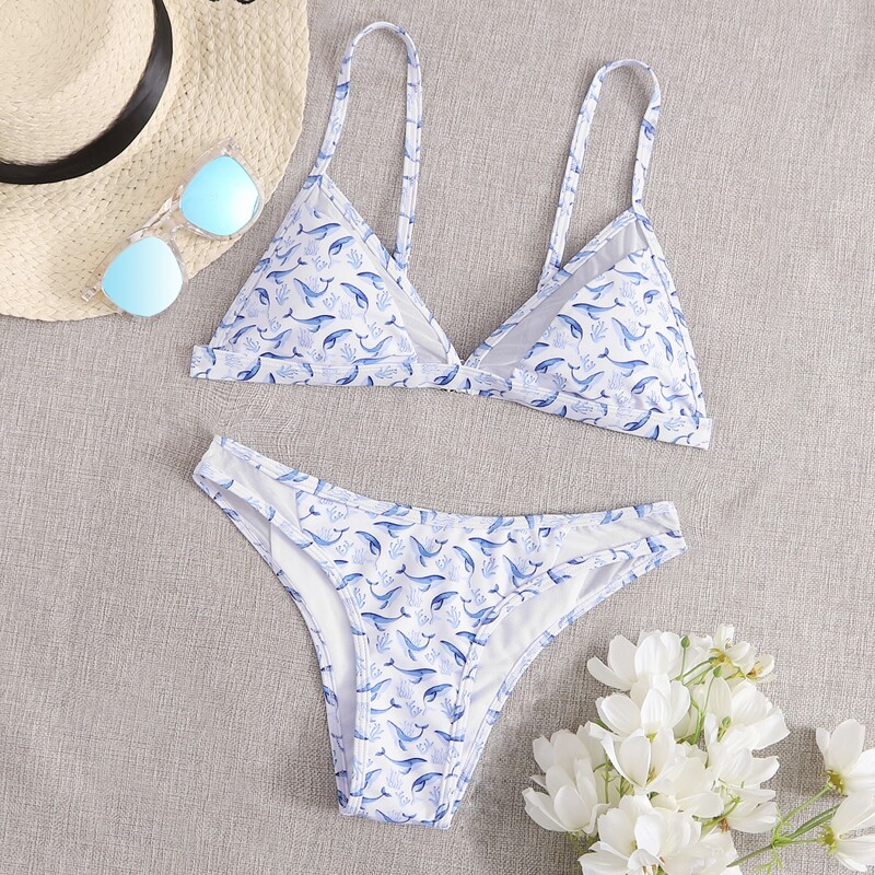 

Contrast Mesh Dolphin Bikini Swimsuit, Blue and white
