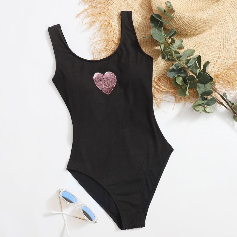 

Contrast Sequin Heart One Piece Swimsuit, Black