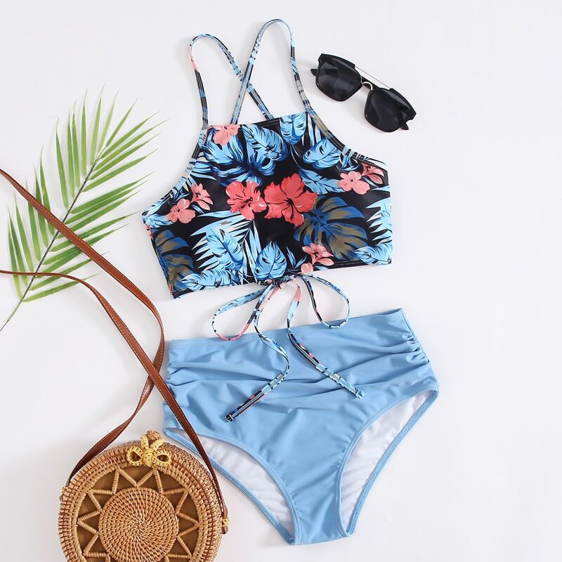 

Tropical Lace-up High Waist Bikini Swimsuit, Blue