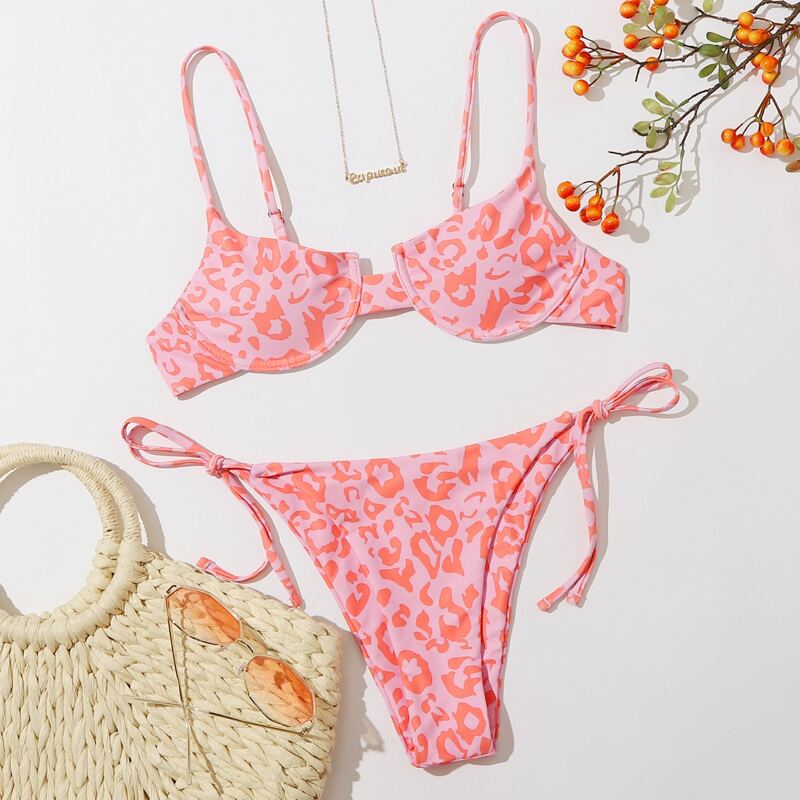 

Leopard Underwire Tie Side Bikini Swimsuit, Baby pink