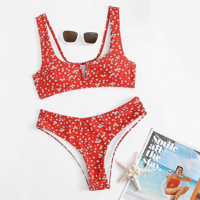 

Ditsy Floral V Wired Bikini Swimsuit, Red