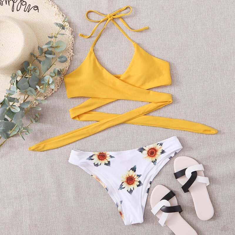 

Sunflower Wrap Halter Bikini Swimsuit, Multicolor