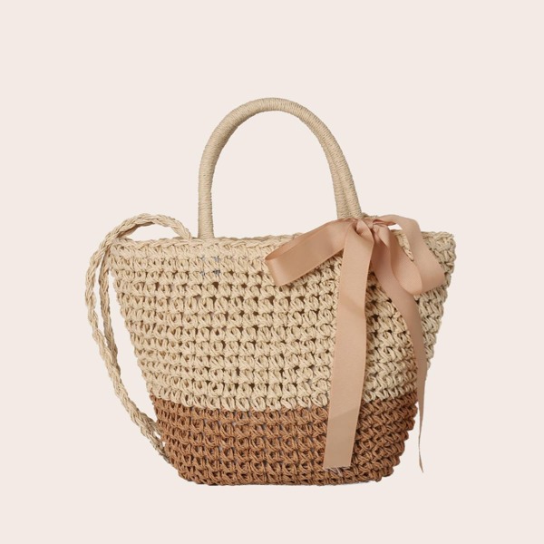 

Bow Decor Braided Satchel Bag, Apricot