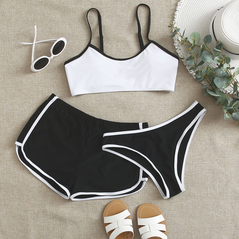

Contrast Binding Bikini Swimsuit & Dolphin Shorts, Black and white