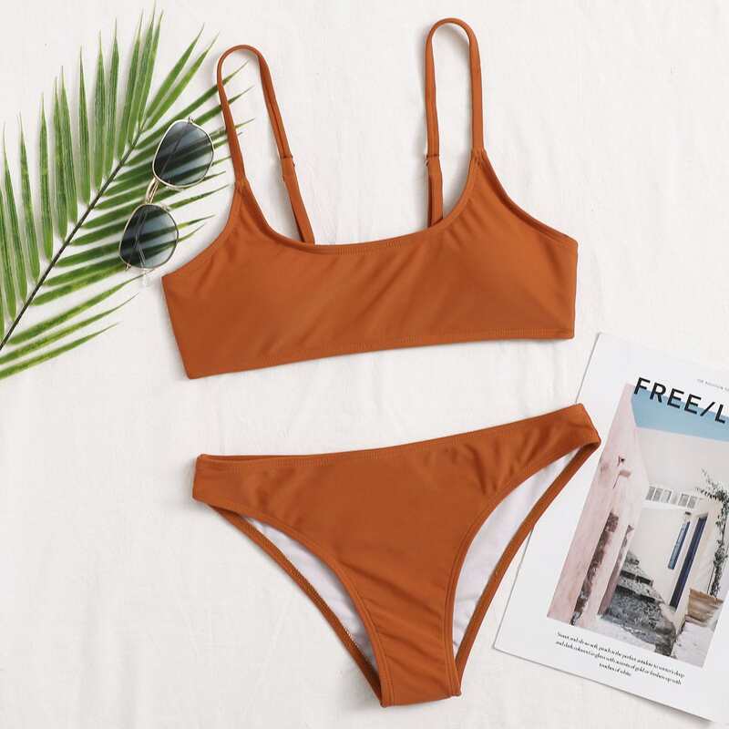 

Solid Cami Bikini Swimsuit, Brown