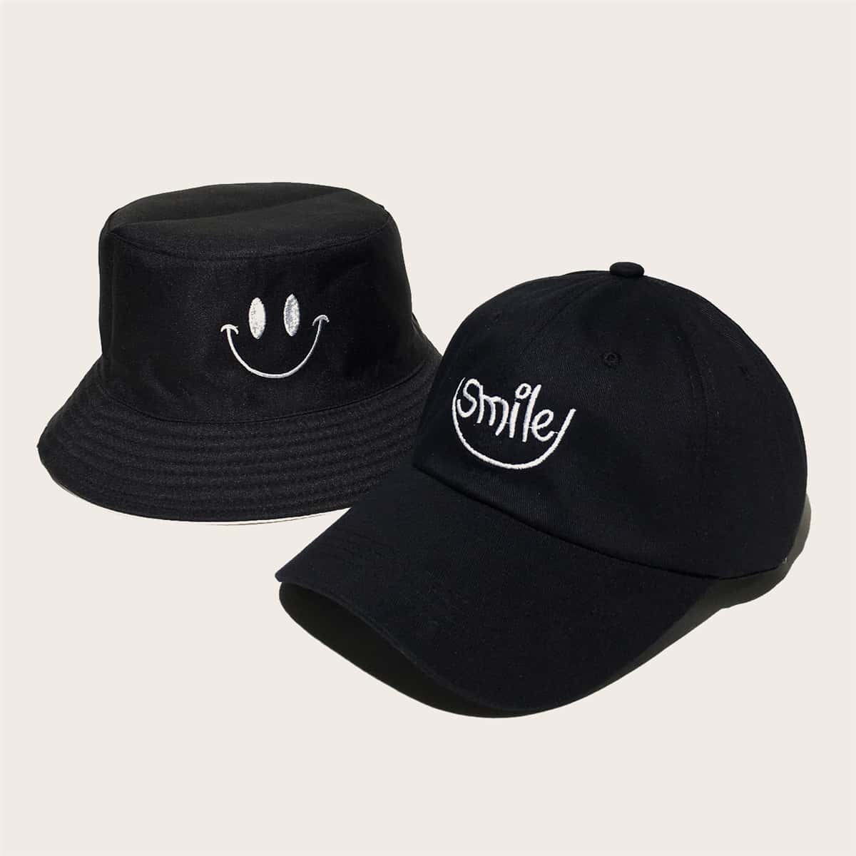 

2pcs Guys Letter Embroidered Baseball Cap & Bucket Hat, Black