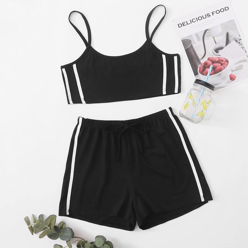 

Side Stripe Crop Cami & Shorts PJ Set, Black