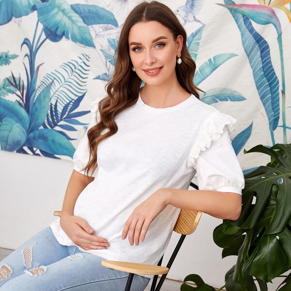 

Maternity Eyelet Embroidered Ruffle Trim Puff Sleeve Top, White