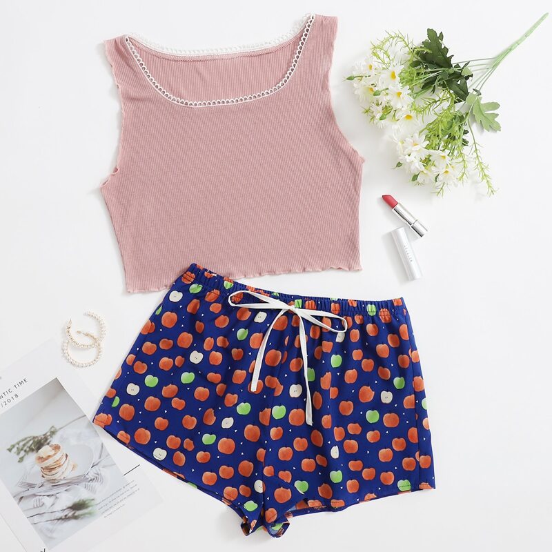 

Ribbed Apple Print Shorts PJ Set, Multicolor