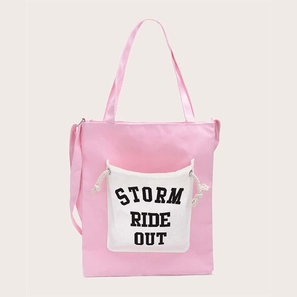 

Girls Slogan Graphic Canvas Tote Bag, Pink