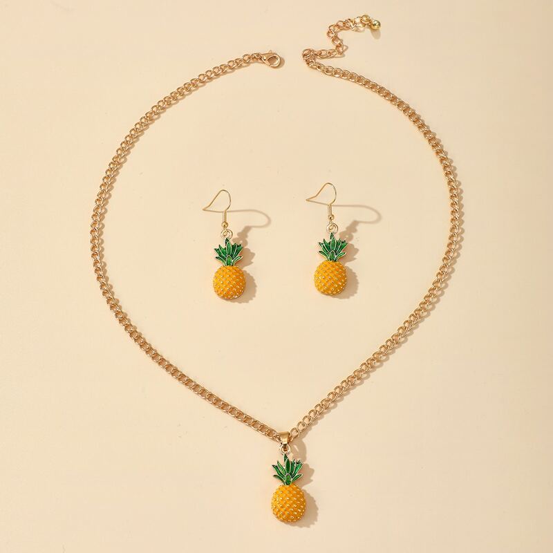 

3pcs Pineapple Charm Necklace & Earrings, Multicolor