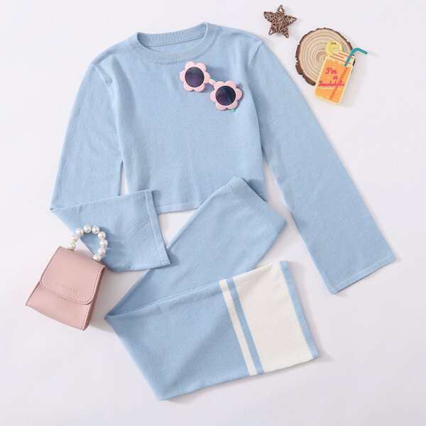

Girls Bell Sleeve Sweater and Two Tone Pants Set, Pastel baby blue