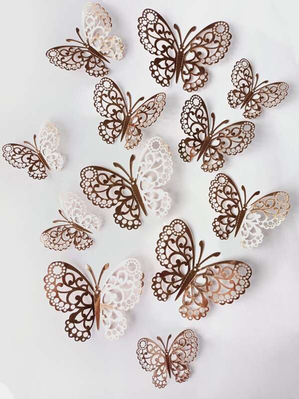 12pcs Hollow Butterfly Wall Decoration, Rose Gold Paper Butterfly