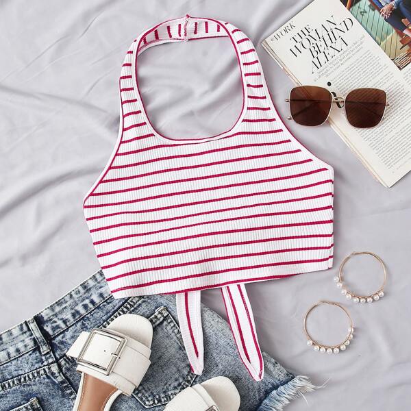 

Tie Backless Rib-knit Striped Halter Top, White