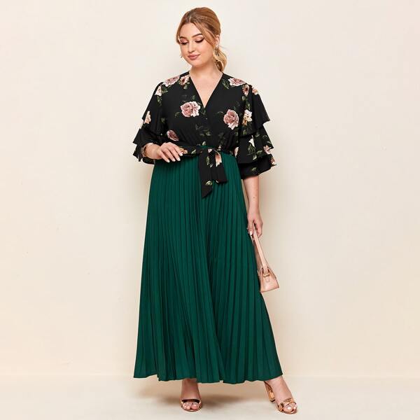 

Plus Floral Layered Sleeve Pleated Belted Combo Dress, Multicolor
