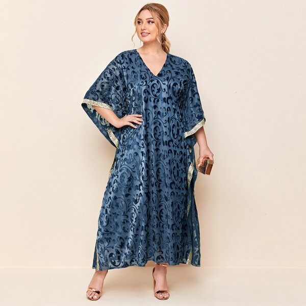 

Plus V-neck Baroque Split Tunic Dress, Blue