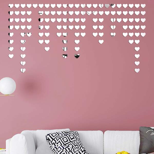 

100pcs Heart Mirror Surface Wall Sticker, Silver