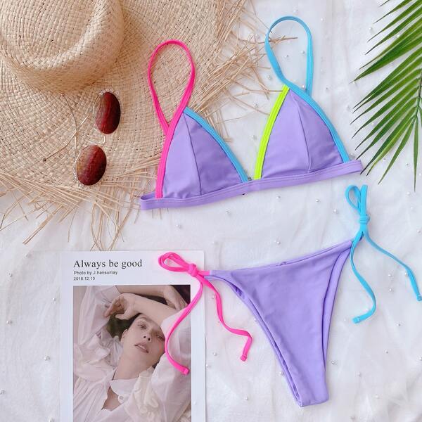 

Contrast Binding Triangle Tie Side Bikini Swimsuit, Pastel lilac purple