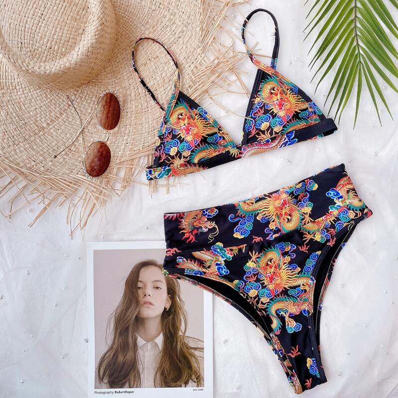 

Chinese Dragon Print Triangle High Waisted Bikini Swimsuit, Multicolor