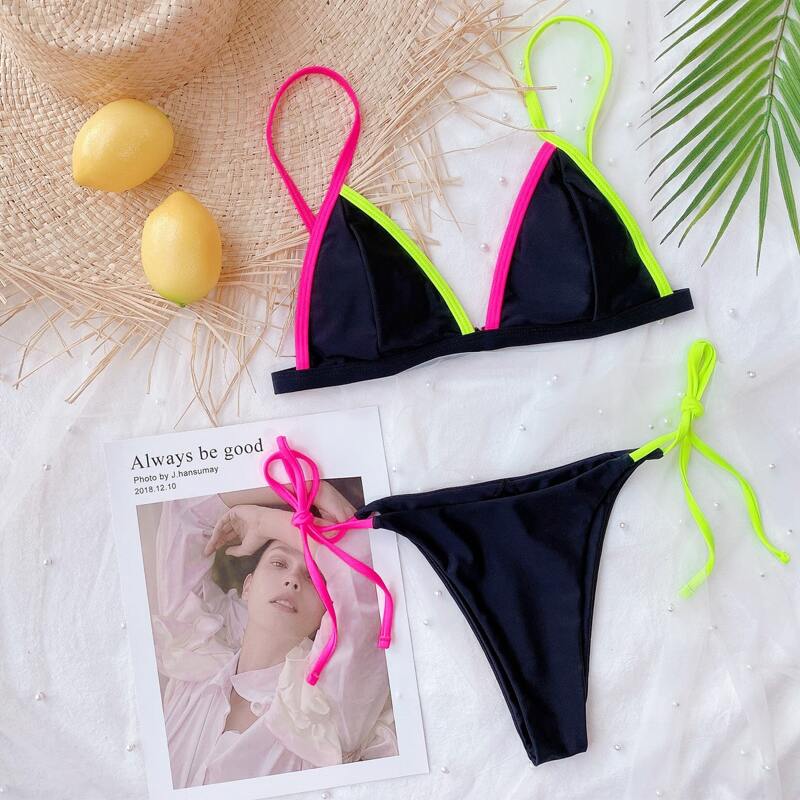 

Contrast Binding Triangle Tie Side Bikini Swimsuit, Black