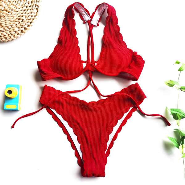 

Rib Scallop Trim Underwire Bikini Swimsuit, Red