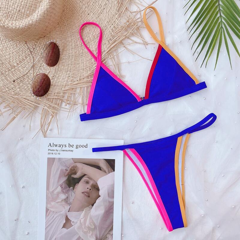 

Contrast Binding Triangle Thong Bikini Swimsuit, Royal blue