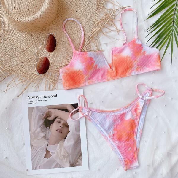 

Tie Dye Rib V Wired High Cut Bikini Swimsuit, Baby pink